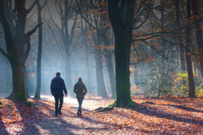 Ein Mann und eine Frau spazieren durch einen Herbstwald