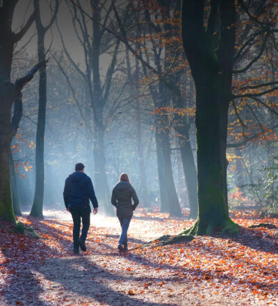 Ein Mann und eine Frau spazieren durch einen Herbstwald